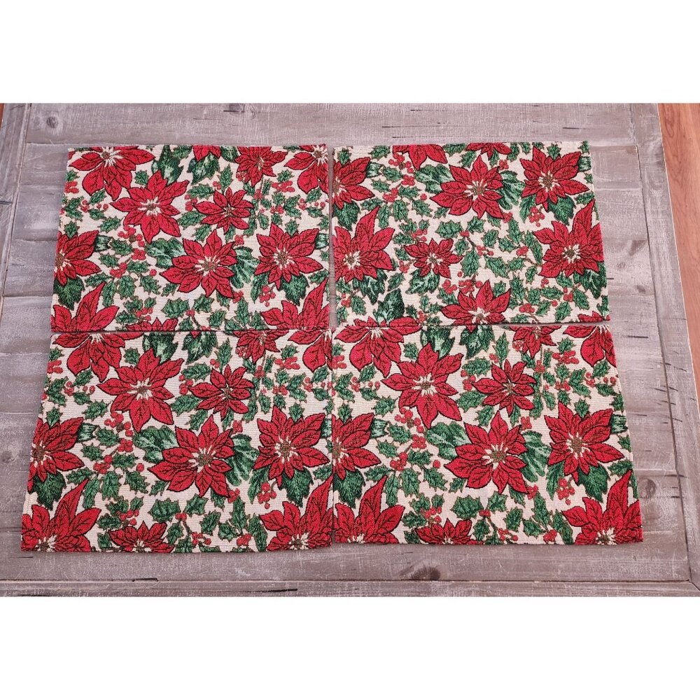 Festive Holiday Poinsettia‎ Pattern Woven Tapestry Placemats Set Of 4 17" by 12"